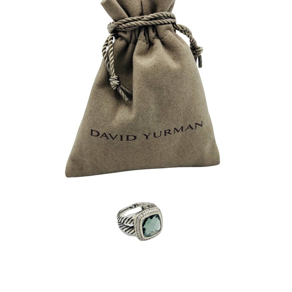 David Yurman Sterling Silver Albion 11mm Prasiolite and Diamonds Ring Size 9